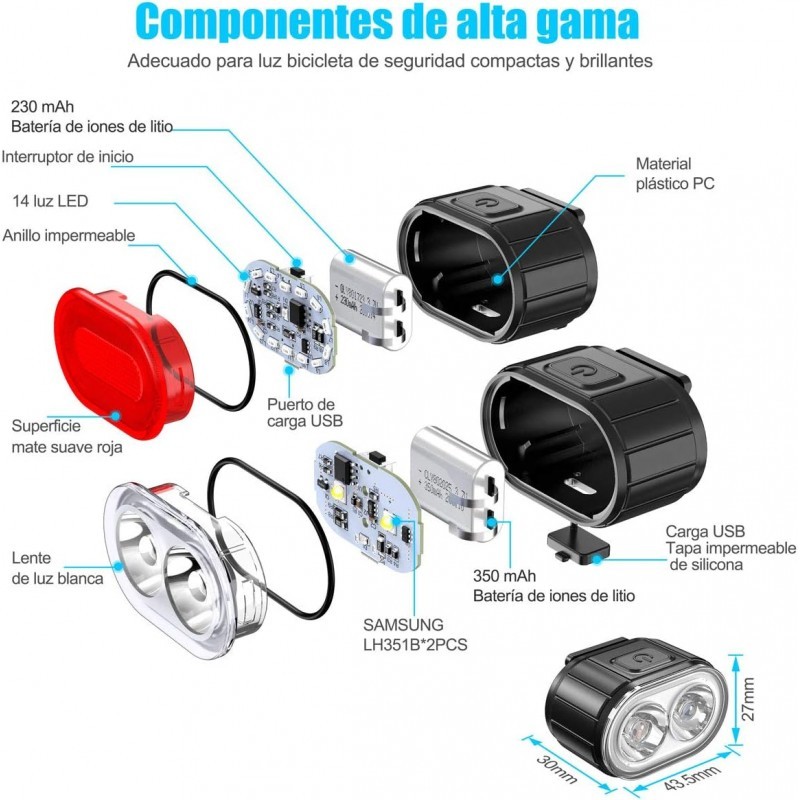 Kit de iluminación para bicicleta. Incluye luz delantera y luz trasera con tecnología LED